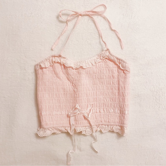 Pastel Pink Japanese Kawaii Style Cottage Lace Ruffle Ribbon Halter Crop Top